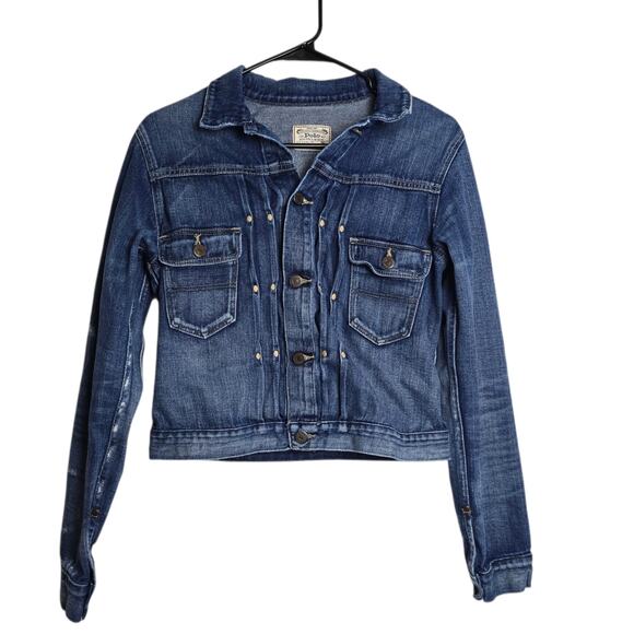 Vintage Polo Ralph Lauren S Small Dungaree Trucker Jacket Blue Distressed Denim - Picture 1 of 8